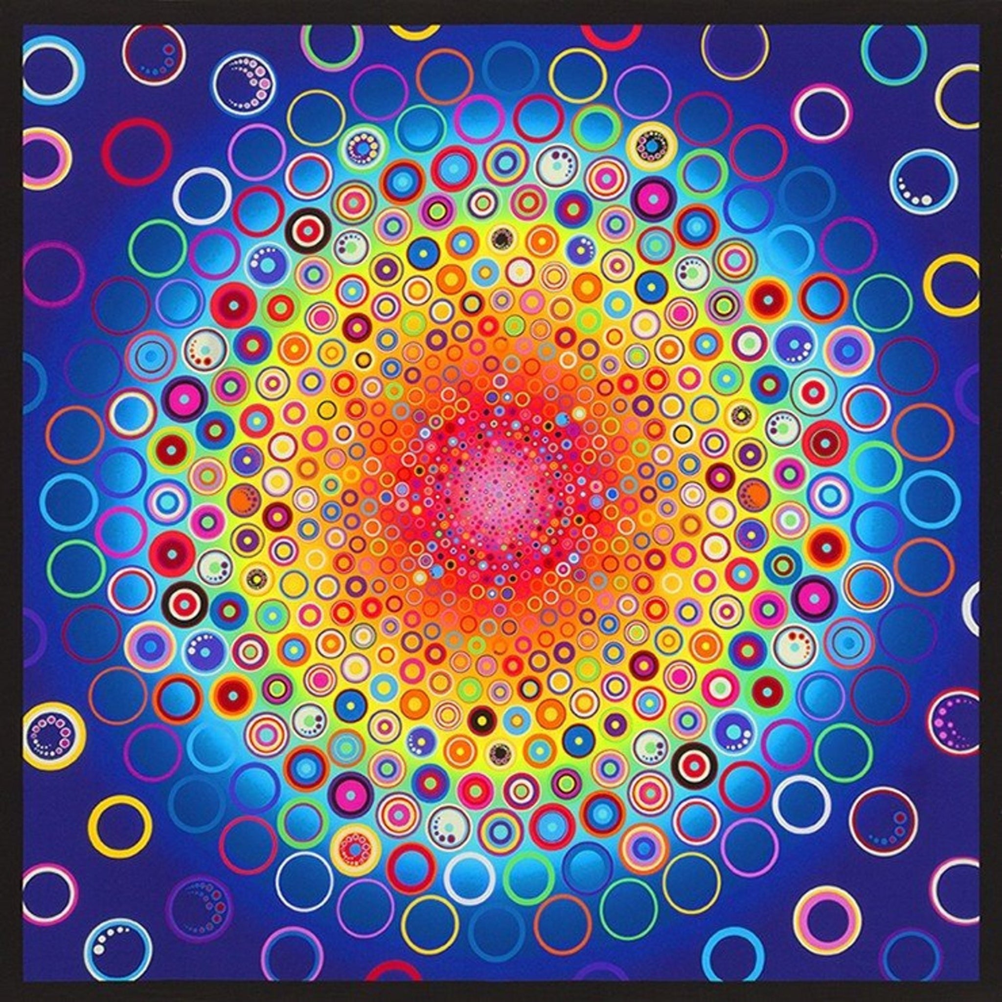 Radiating circle panel rainbow colours pink orange yellow green blue fabric for quilt centrepiece wall hanging and patchwork sewing projects