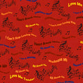 Elvis Presley song titles Hound Dog Love Me Tender Suspicious Minds All Shook Up multicolour text music notes red novelty retro fabric for Elvis fans quilts and gifts