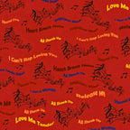 Elvis Presley song titles Hound Dog Love Me Tender Suspicious Minds All Shook Up multicolour text music notes red novelty retro fabric for Elvis fans quilts and gifts