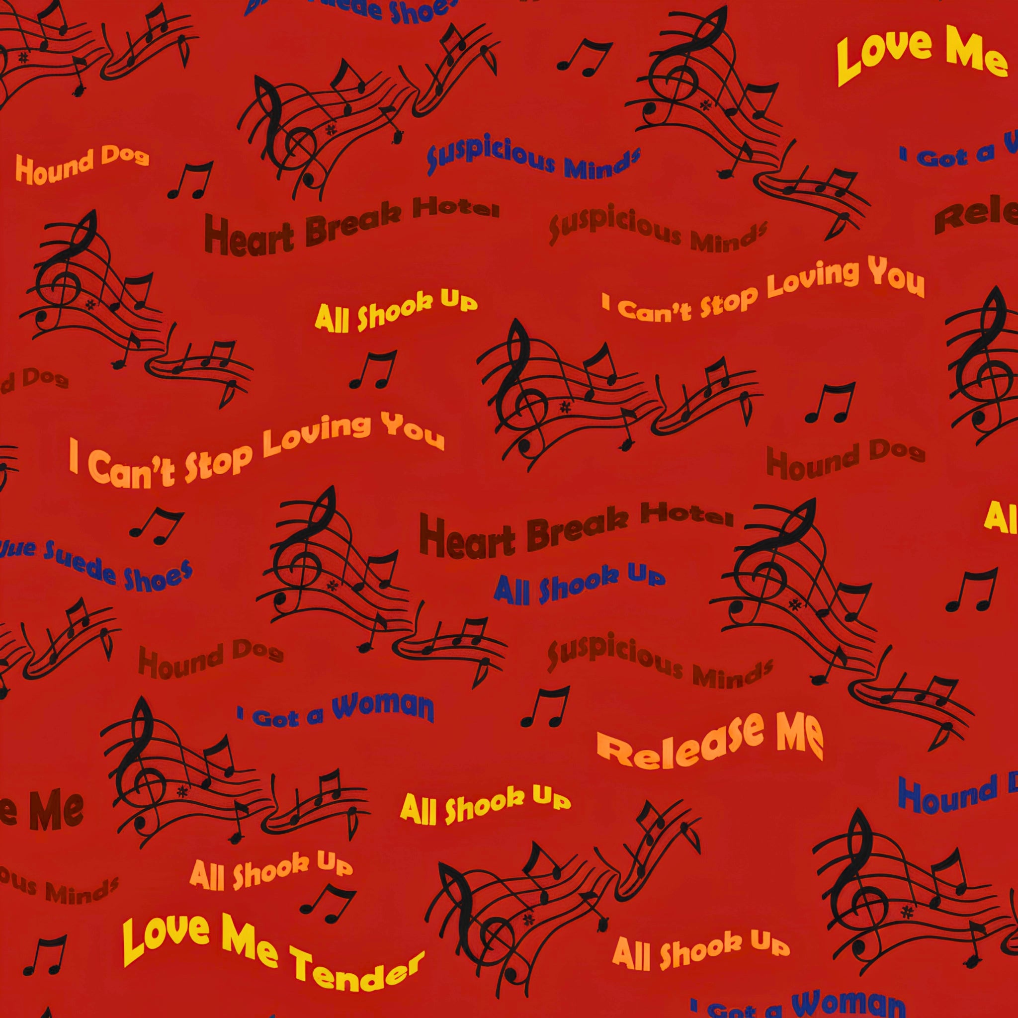 Elvis Presley song titles Hound Dog Love Me Tender Suspicious Minds All Shook Up multicolour text music notes red novelty retro fabric for Elvis fans quilts and gifts