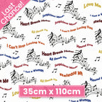 Elvis Presley song titles Hound Dog Love Me Tender Suspicious Minds All Shook Up multicolour text music notes white novelty retro fabric for Elvis fans quilts and gifts