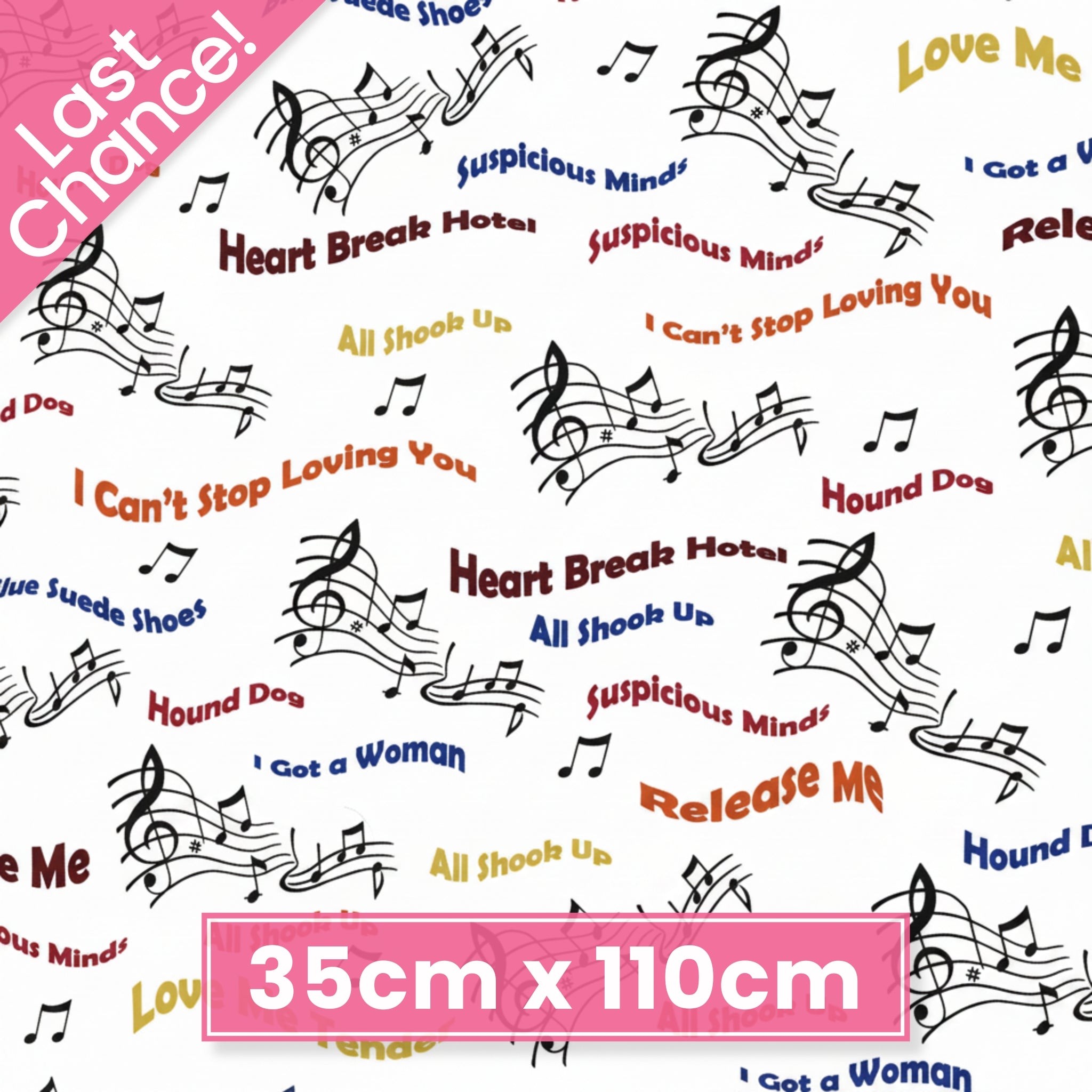 Elvis Presley song titles Hound Dog Love Me Tender Suspicious Minds All Shook Up multicolour text music notes white novelty retro fabric for Elvis fans quilts and gifts