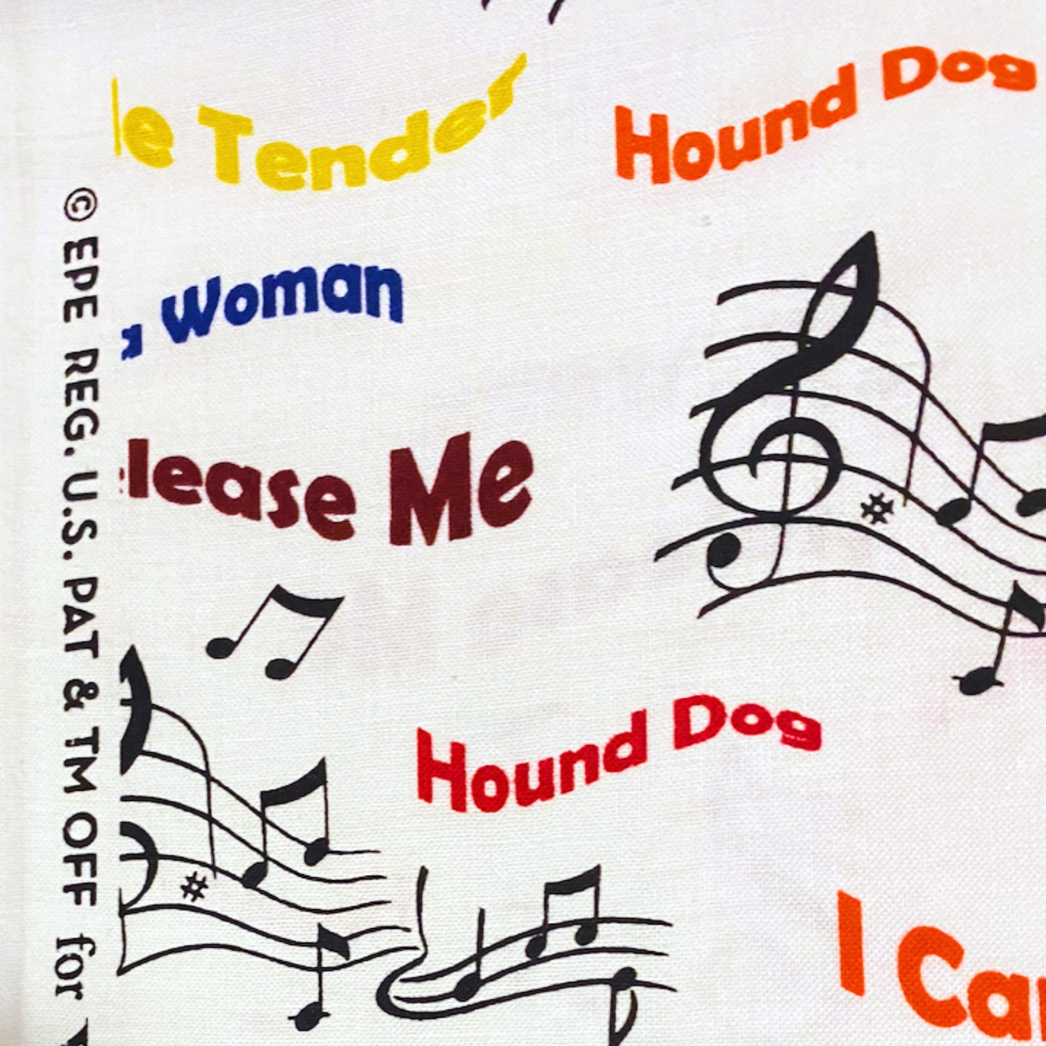 Elvis Presley song titles Hound Dog Love Me Tender Suspicious Minds All Shook Up multicolour text music notes white novelty retro fabric for Elvis fans quilts and gifts