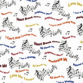 Elvis Presley song titles Hound Dog Love Me Tender Suspicious Minds All Shook Up multicolour text music notes white novelty retro fabric for Elvis fans quilts and gifts