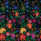Embroidered-look floral border print black fabric graduating from small buds to bold blooms for quilt borders cushion covers tote bags and sewing projects