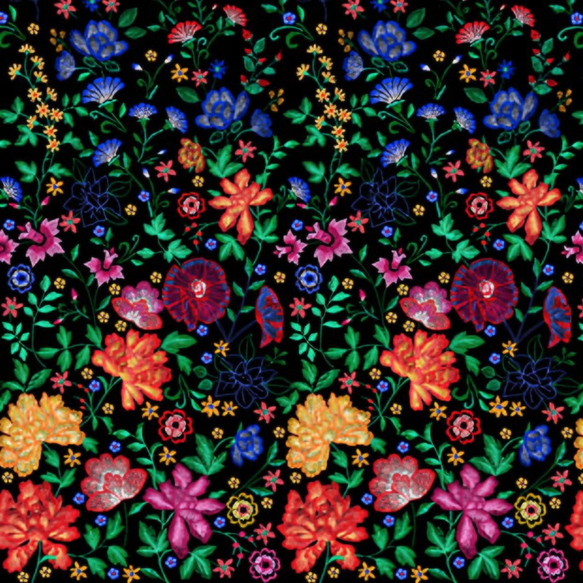 Embroidered-look floral border print black fabric graduating from small buds to bold blooms for quilt borders cushion covers tote bags and sewing projects