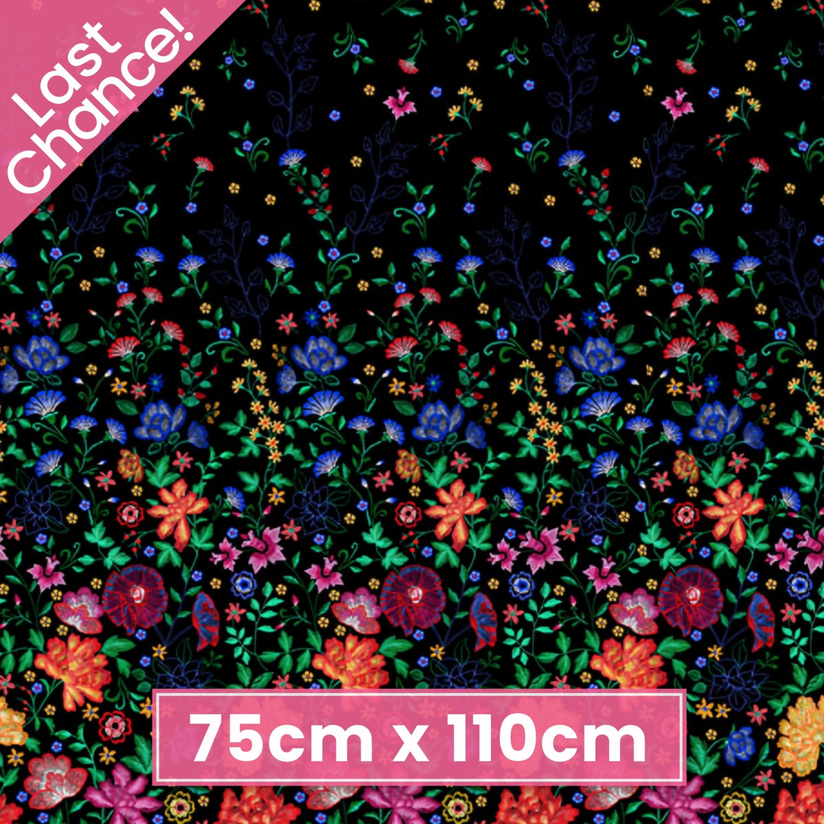 Embroidered-look floral border print black fabric graduating from small buds to bold blooms for quilt borders cushion covers tote bags and sewing projects