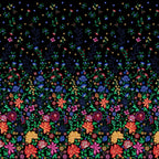 Embroidered-look floral border print black fabric graduating from small buds to bold blooms for quilt borders cushion covers tote bags and sewing projects