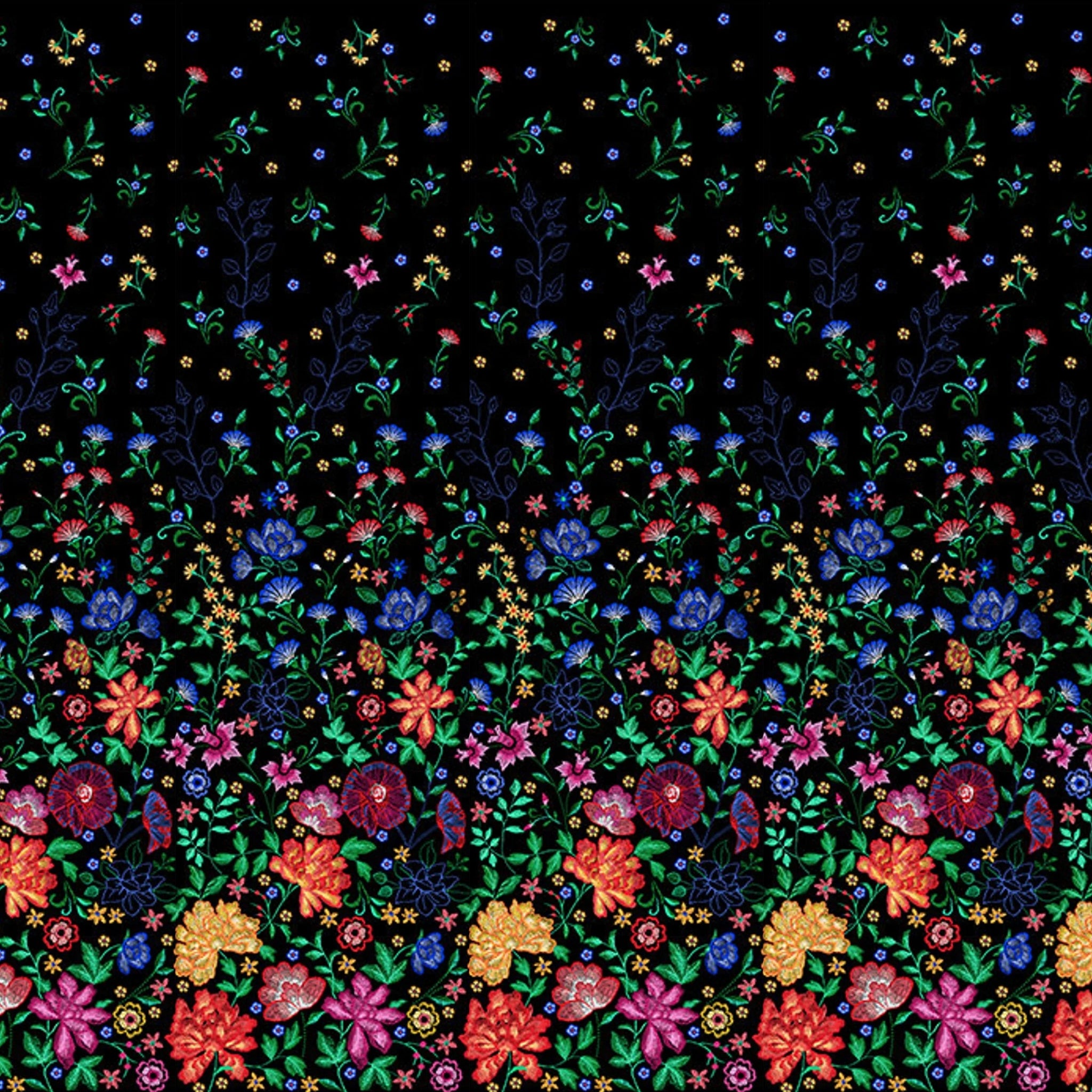Embroidered-look floral border print black fabric graduating from small buds to bold blooms for quilt borders cushion covers tote bags and sewing projects