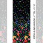 Embroidered-look floral border print black fabric graduating from small buds to bold blooms for quilt borders cushion covers tote bags and sewing projects