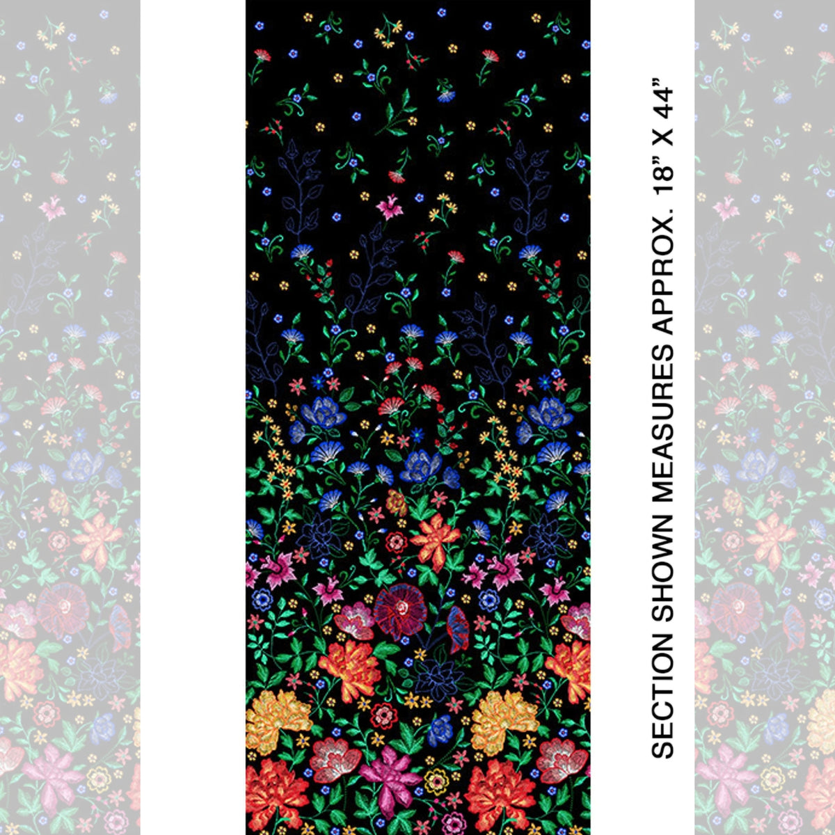Embroidered-look floral border print black fabric graduating from small buds to bold blooms for quilt borders cushion covers tote bags and sewing projects