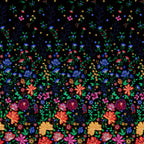 Embroidered-look floral border print black fabric graduating from small buds to bold blooms for quilt borders cushion covers tote bags and sewing projects