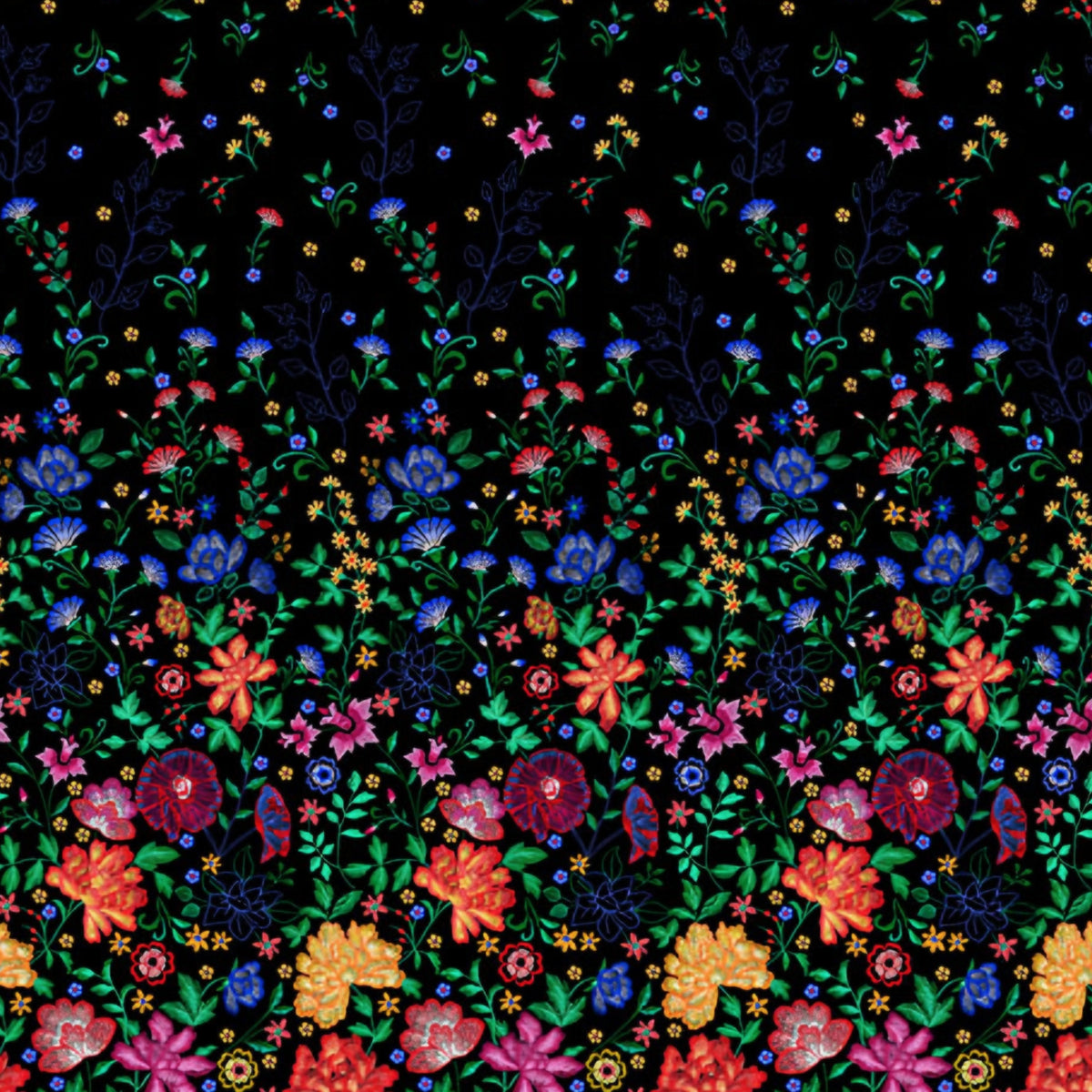 Embroidered-look floral border print black fabric graduating from small buds to bold blooms for quilt borders cushion covers tote bags and sewing projects