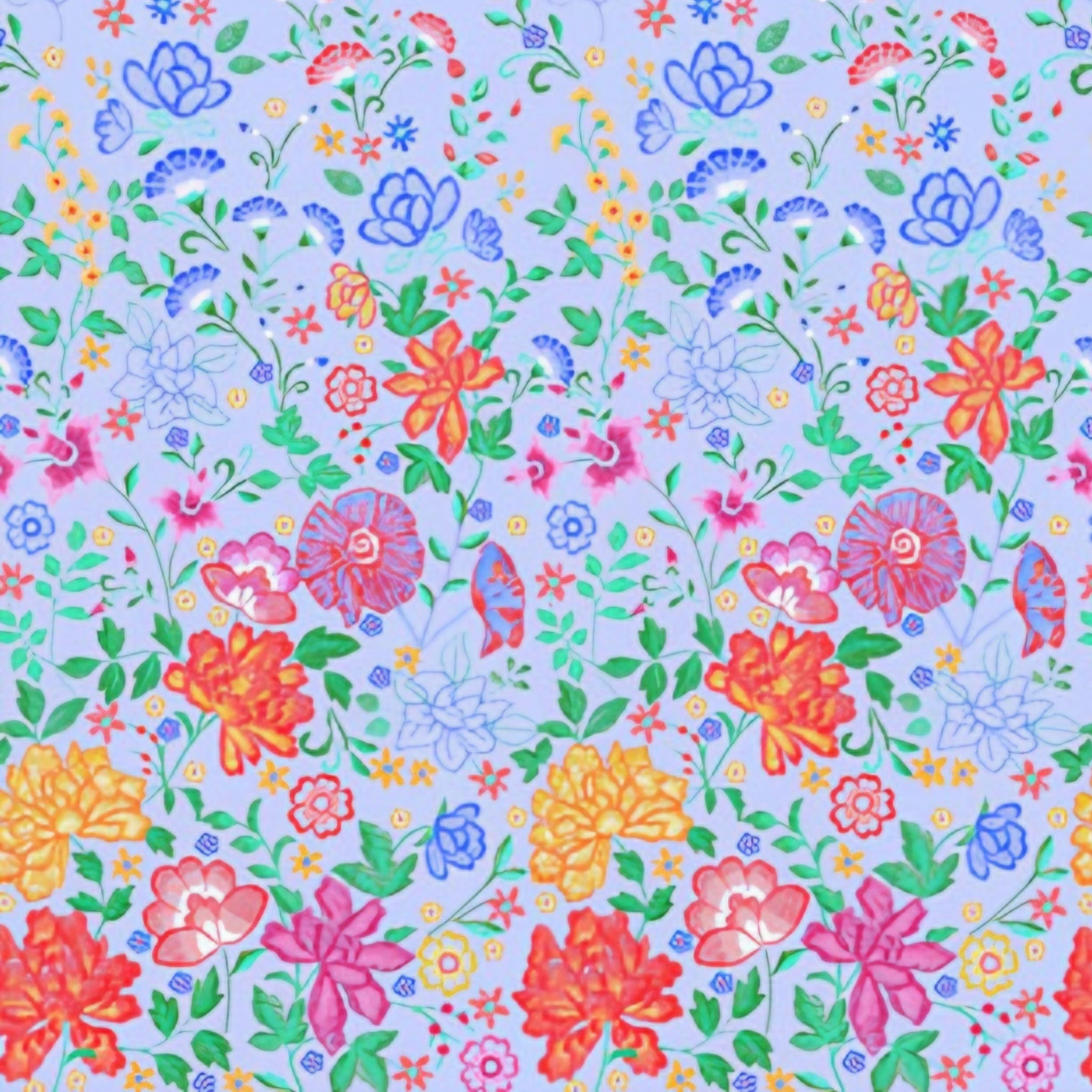 Embroidered-look floral border print blue fabric graduating from small buds to bold blooms for quilt borders cushion covers tote bags and sewing projects