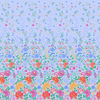 Embroidered-look floral border print blue fabric graduating from small buds to bold blooms for quilt borders cushion covers tote bags and sewing projects