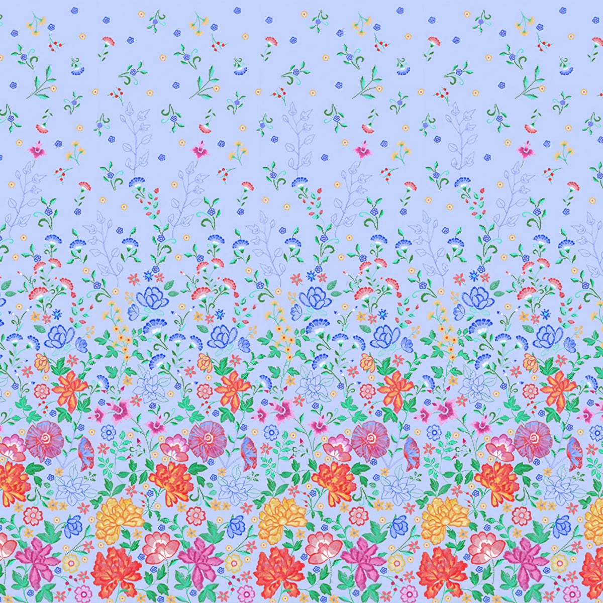 Embroidered-look floral border print blue fabric graduating from small buds to bold blooms for quilt borders cushion covers tote bags and sewing projects
