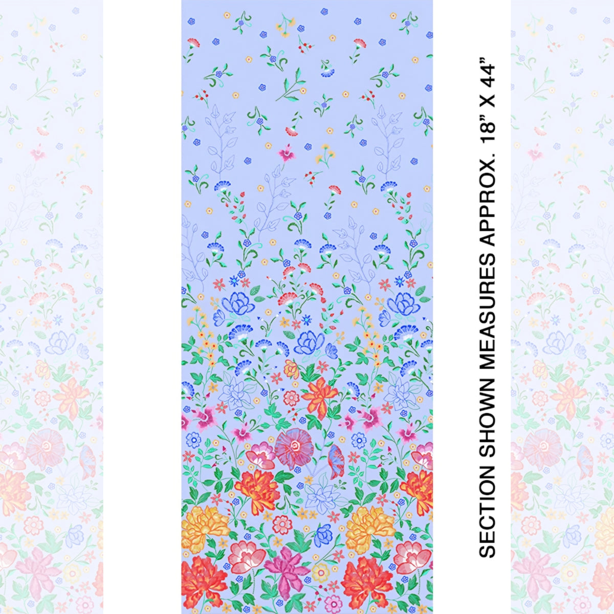 Embroidered-look floral border print blue fabric graduating from small buds to bold blooms for quilt borders cushion covers tote bags and sewing projects
