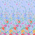 Embroidered-look floral border print blue fabric graduating from small buds to bold blooms for quilt borders cushion covers tote bags and sewing projects