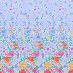 Embroidered-look floral border print blue fabric graduating from small buds to bold blooms for quilt borders cushion covers tote bags and sewing projects
