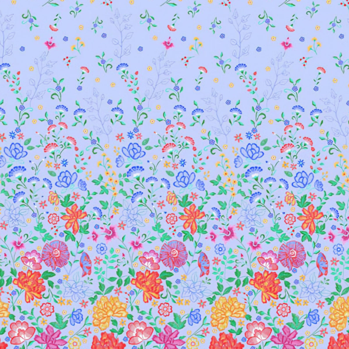 Embroidered-look floral border print blue fabric graduating from small buds to bold blooms for quilt borders cushion covers tote bags and sewing projects