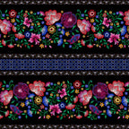 Embroidered-look floral stripe black fabric alternating floral bands and geometric lattice for quilt sashing borders table runners and patchwork sewing projects
