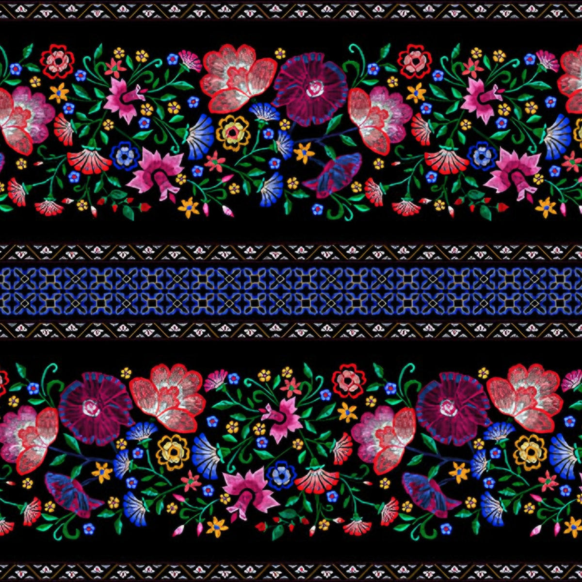 Embroidered-look floral stripe black fabric alternating floral bands and geometric lattice for quilt sashing borders table runners and patchwork sewing projects