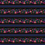 Embroidered-look floral stripe black fabric alternating floral bands and geometric lattice for quilt sashing borders table runners and patchwork sewing projects