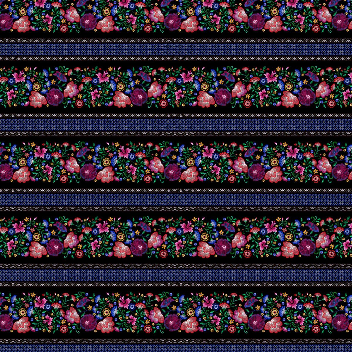 Embroidered-look floral stripe black fabric alternating floral bands and geometric lattice for quilt sashing borders table runners and patchwork sewing projects