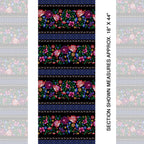 Embroidered-look floral stripe black fabric alternating floral bands and geometric lattice for quilt sashing borders table runners and patchwork sewing projects