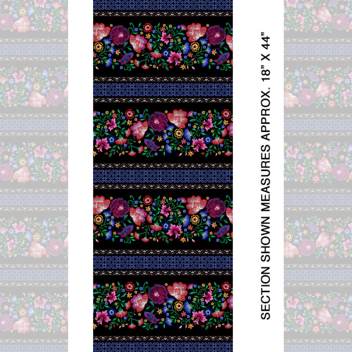 Embroidered-look floral stripe black fabric alternating floral bands and geometric lattice for quilt sashing borders table runners and patchwork sewing projects