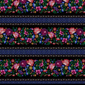 Embroidered-look floral stripe black fabric alternating floral bands and geometric lattice for quilt sashing borders table runners and patchwork sewing projects