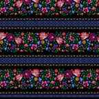 Embroidered-look floral stripe black fabric alternating floral bands and geometric lattice for quilt sashing borders table runners and patchwork sewing projects