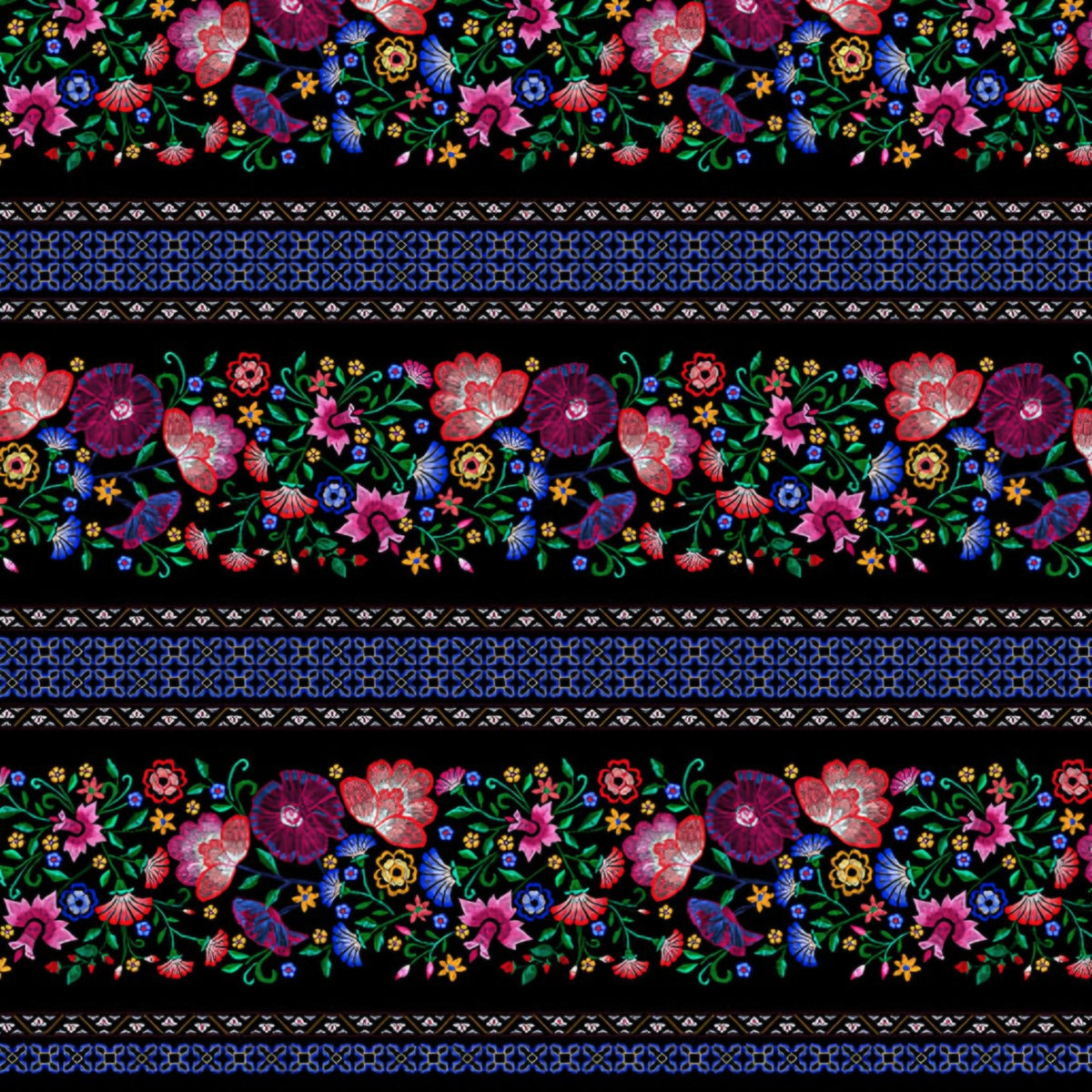 Embroidered-look floral stripe black fabric alternating floral bands and geometric lattice for quilt sashing borders table runners and patchwork sewing projects