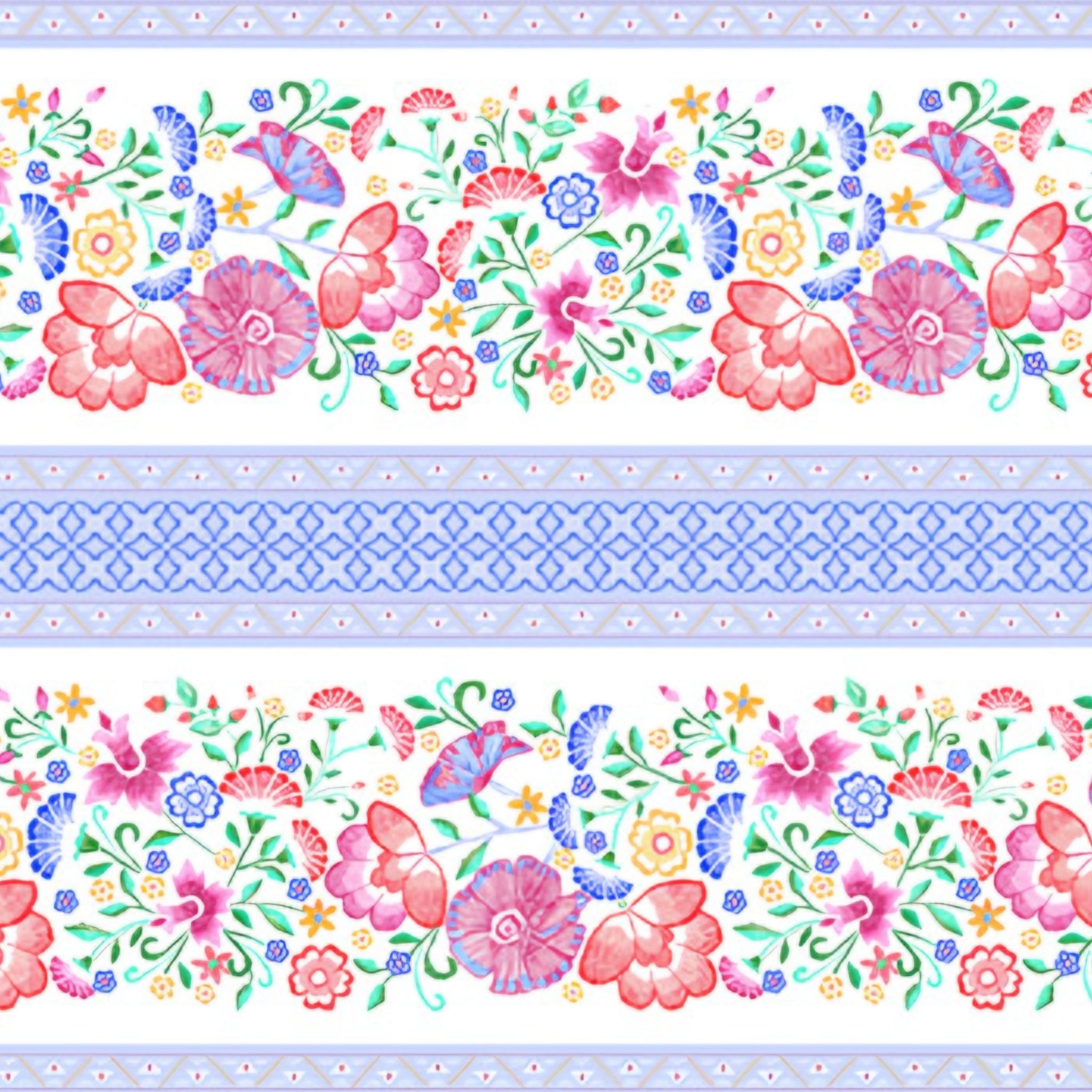 Embroidered-look floral stripe white blue fabric alternating floral bands and geometric lattice for quilt sashing borders table runners and patchwork sewing projects