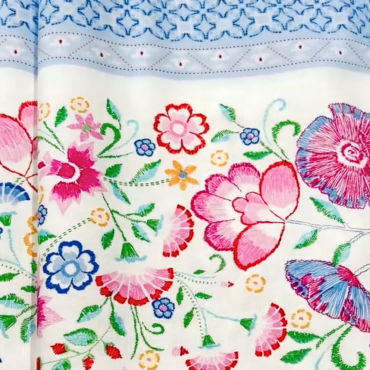 Embroidered-look floral stripe blue white fabric close-up showing printed thread detail pinks reds blues greens for quilts cushion covers and sewing projects