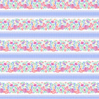 Embroidered-look floral stripe white blue fabric alternating floral bands and geometric lattice for quilt sashing borders table runners and patchwork sewing projects