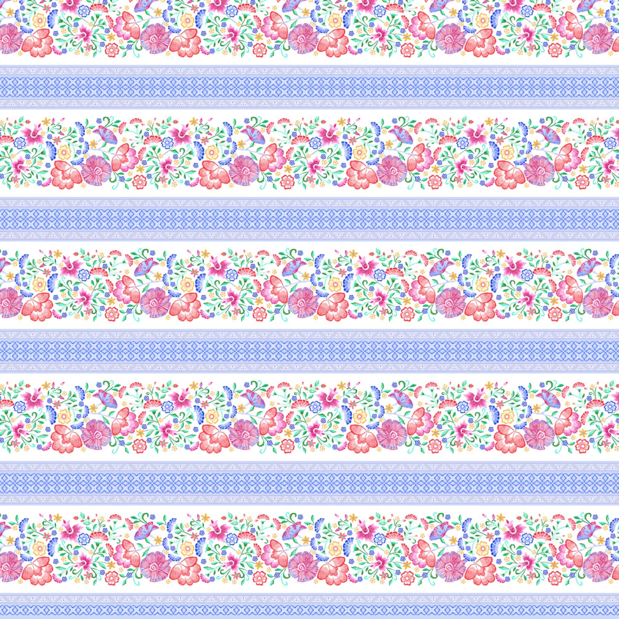 Embroidered-look floral stripe white blue fabric alternating floral bands and geometric lattice for quilt sashing borders table runners and patchwork sewing projects
