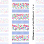 Embroidered-look floral stripe white blue fabric alternating floral bands and geometric lattice for quilt sashing borders table runners and patchwork sewing projects