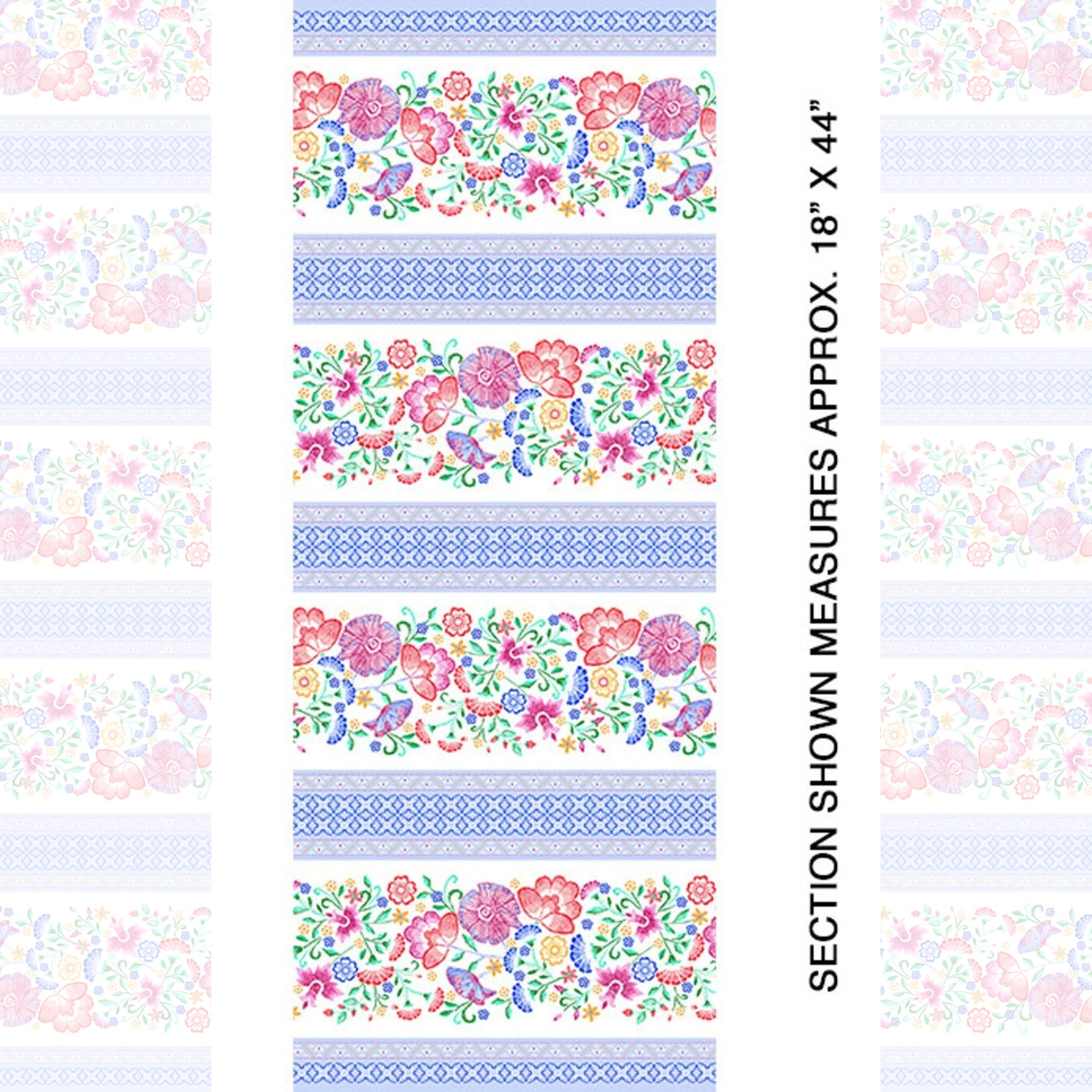 Embroidered-look floral stripe white blue fabric alternating floral bands and geometric lattice for quilt sashing borders table runners and patchwork sewing projects