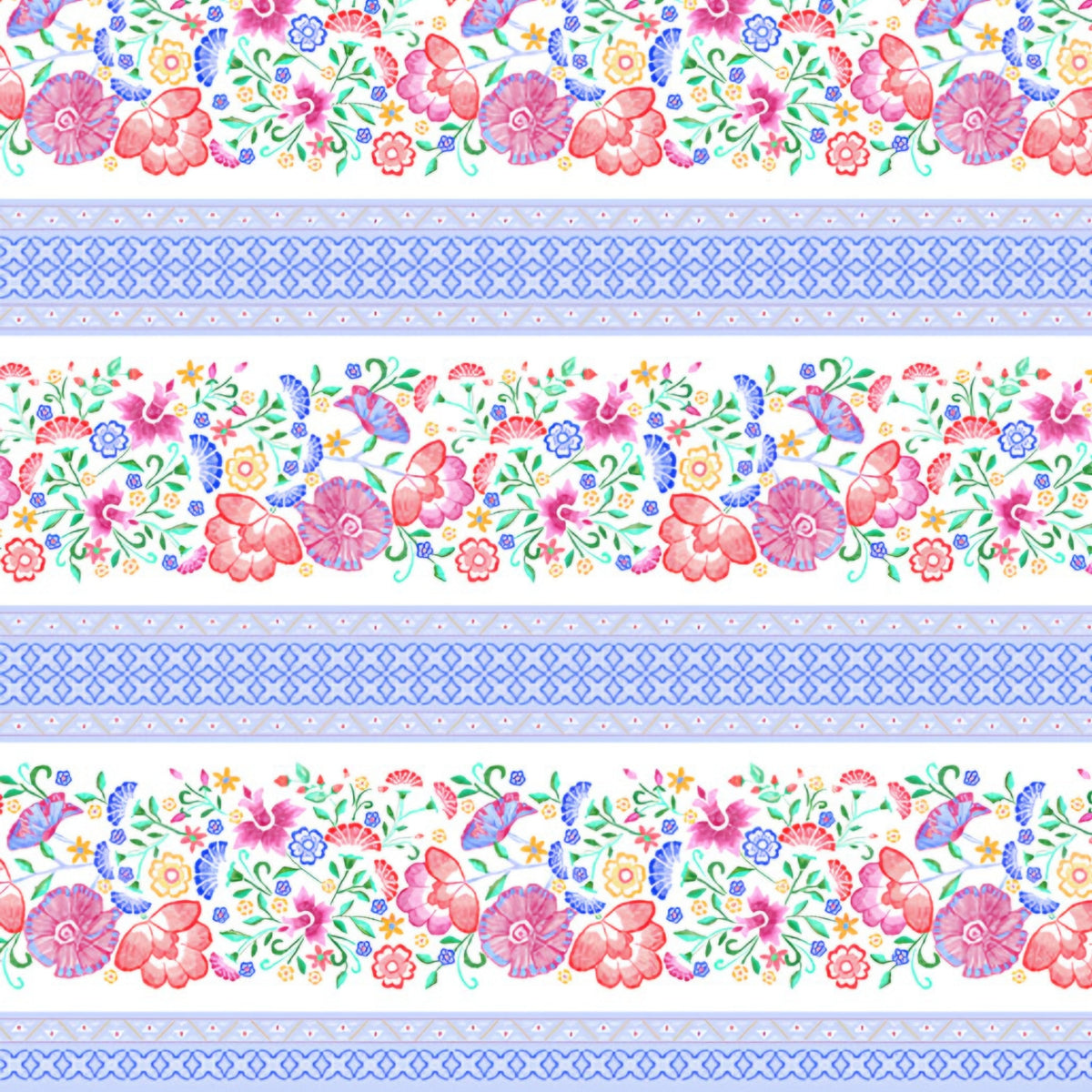 Embroidered-look floral stripe white blue fabric alternating floral bands and geometric lattice for quilt sashing borders table runners and patchwork sewing projects
