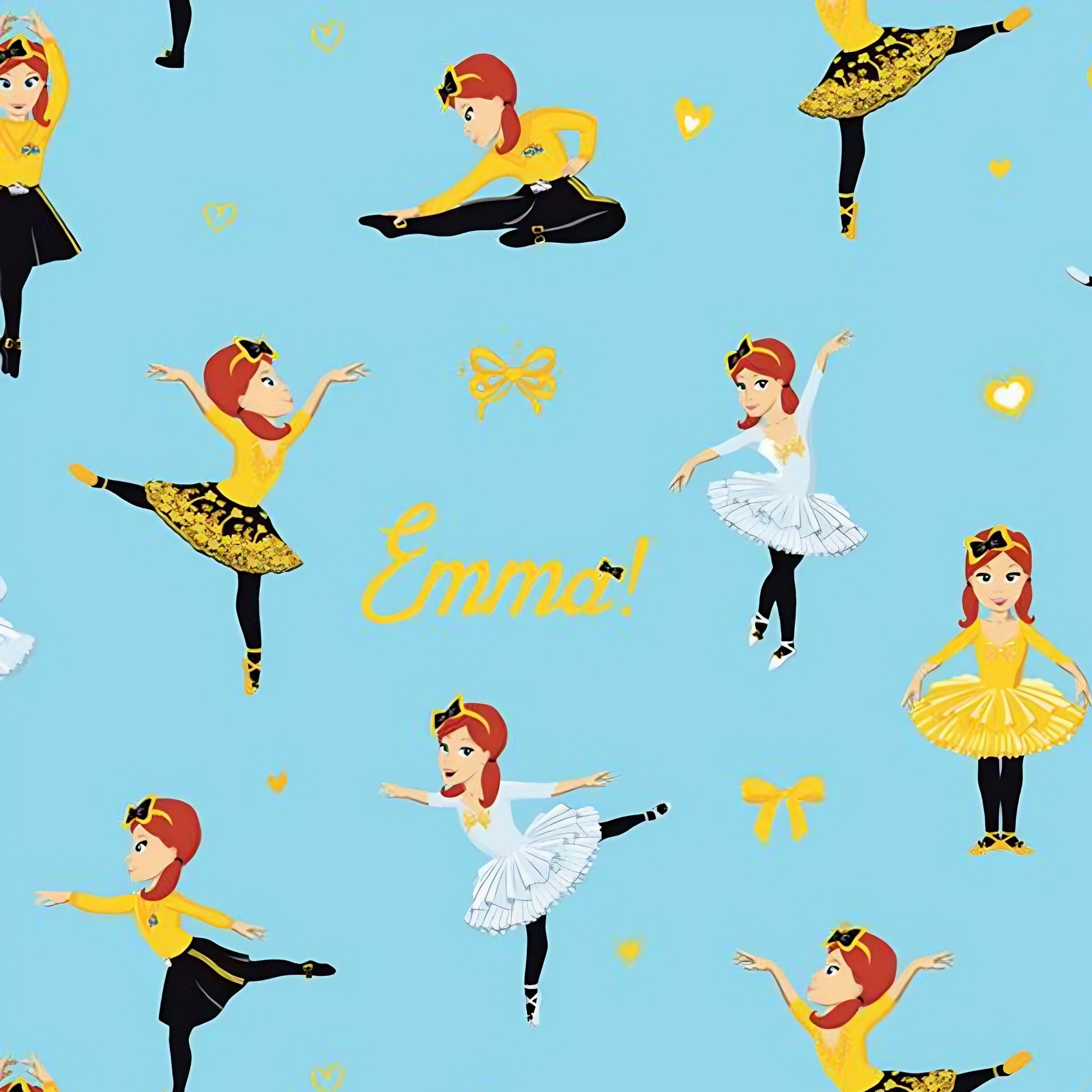 Emma Wiggle ballet dancing sky blue yellow white tutus bows hearts novelty kids quilting fabric children's quilts dance bags patchwork projects