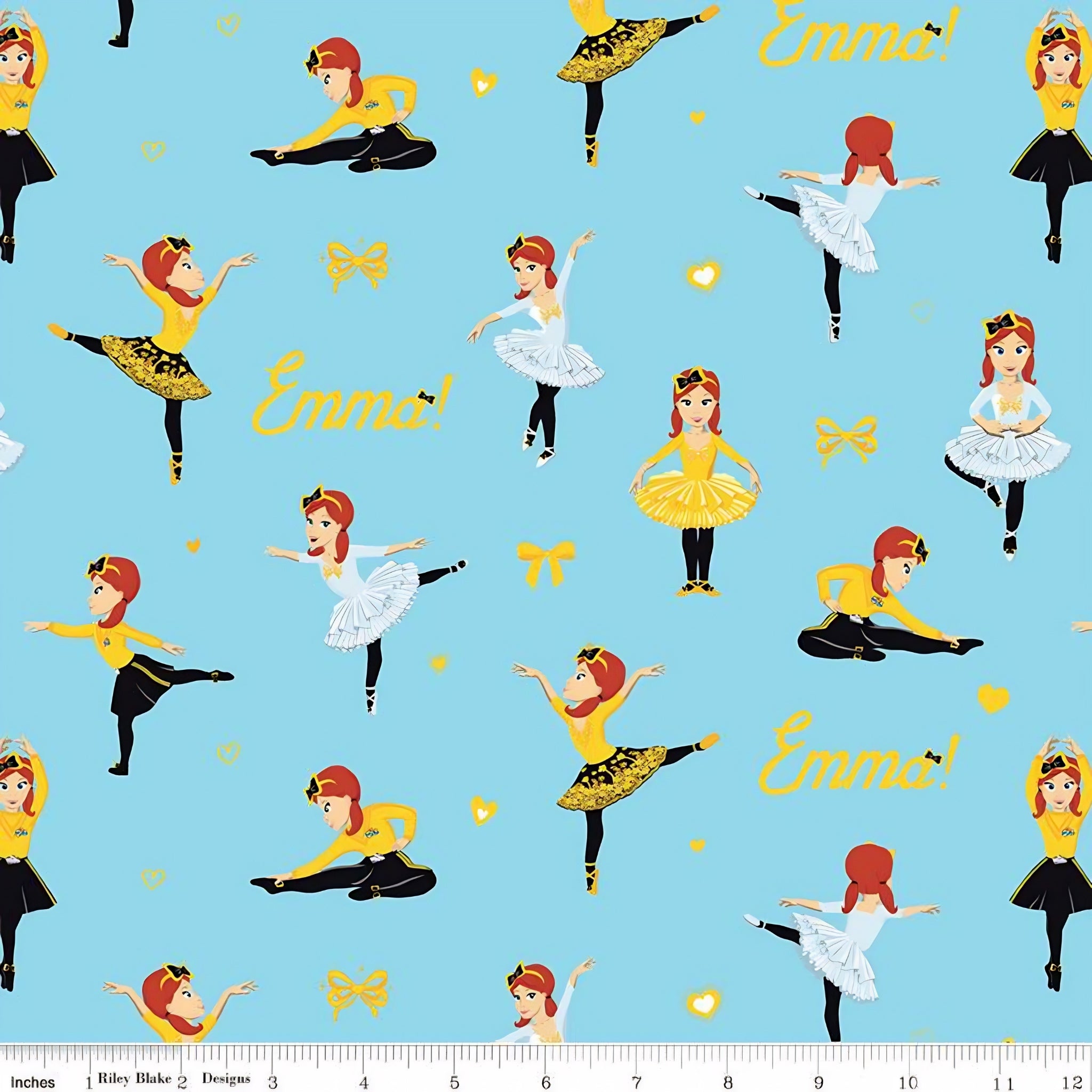 Emma Wiggle ballet dancing sky blue yellow white tutus bows hearts novelty kids quilting fabric children's quilts dance bags patchwork projects