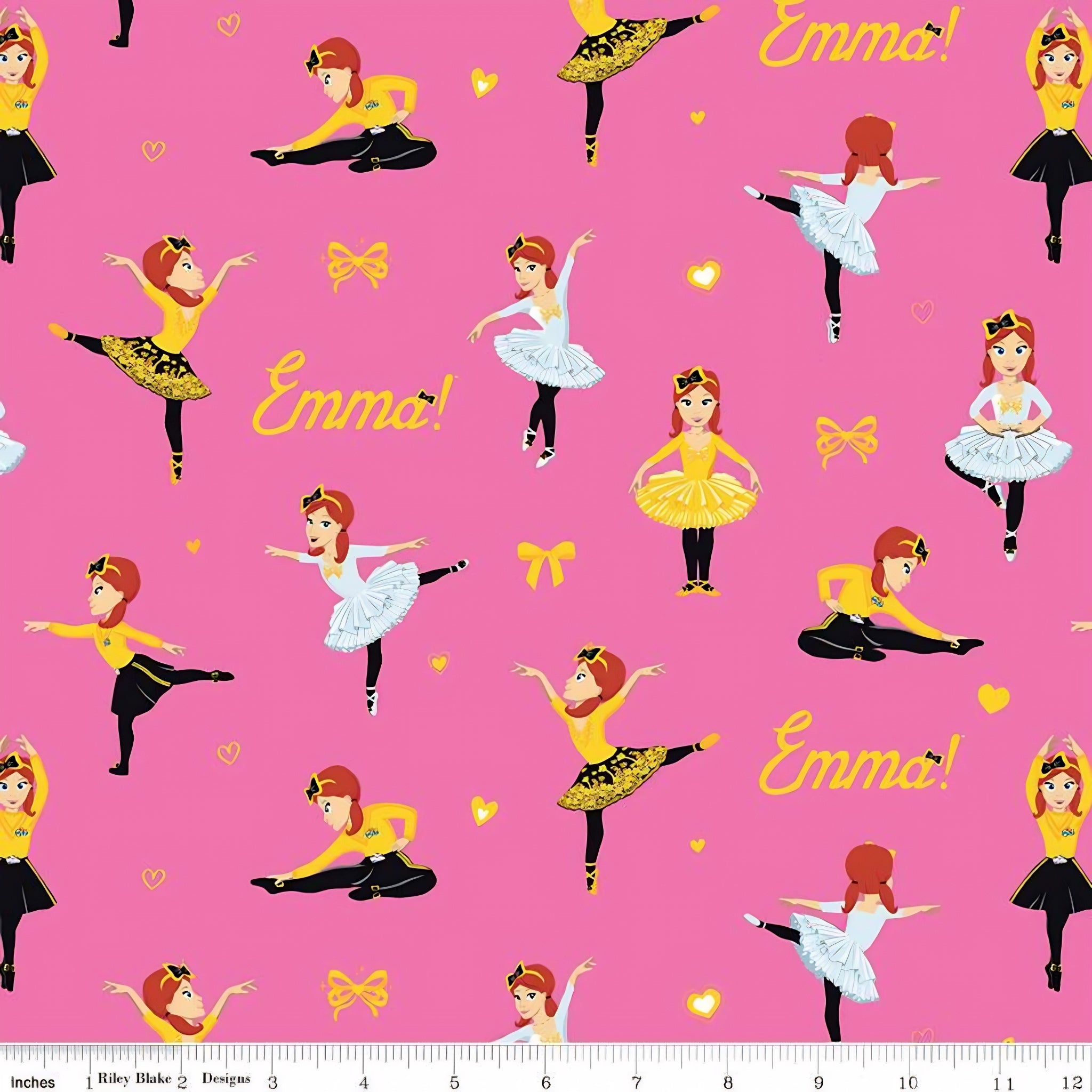 Emma Wiggle ballet dancing bright pink yellow white tutus bows hearts novelty kids quilting fabric children's quilts dance bags patchwork projects