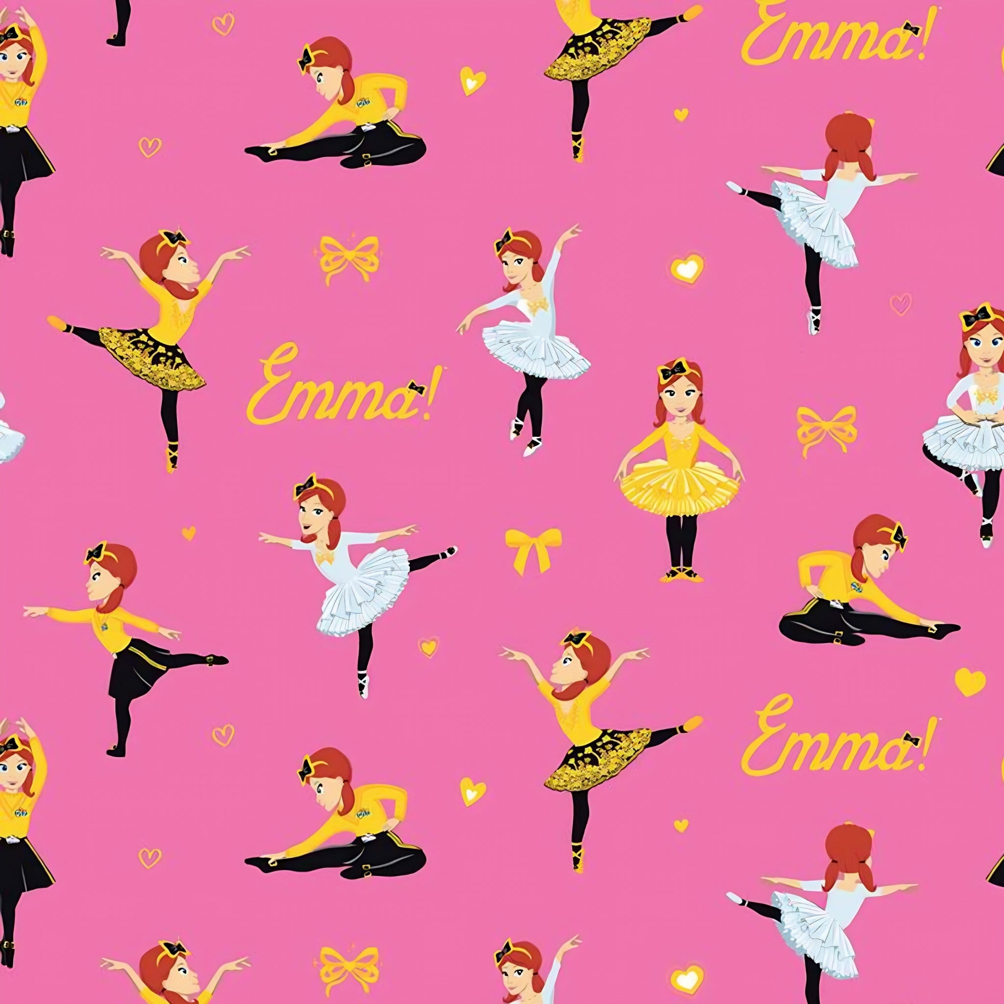 Emma Wiggle ballet dancing bright pink yellow white tutus bows hearts novelty kids quilting fabric children's quilts dance bags patchwork projects
