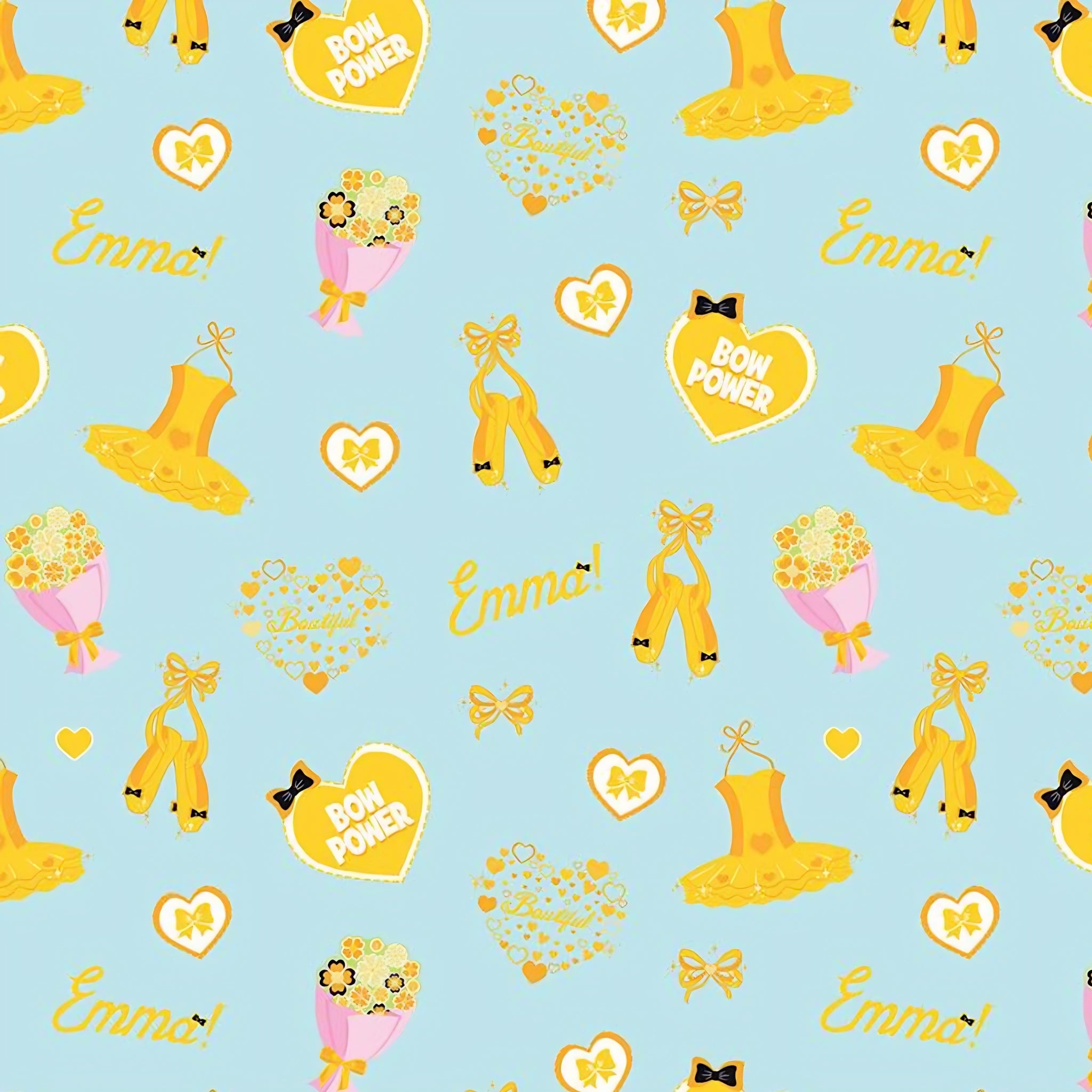 Emma Wiggle ballet icons sky blue yellow tutus ballet shoes bows Bow Power hearts novelty kids quilting fabric children's quilts dance bags patchwork projects