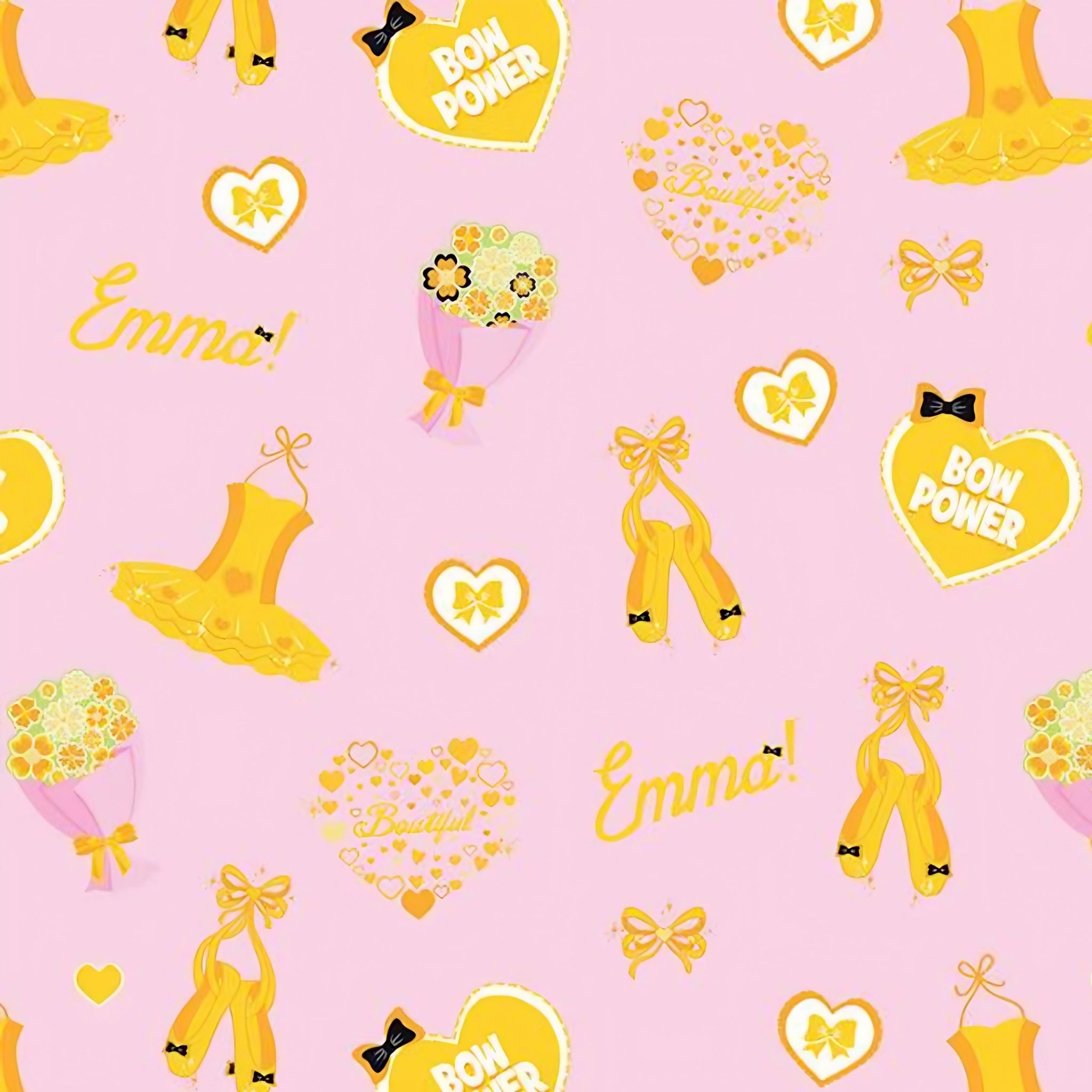 Emma Wiggle ballet icons pink yellow tutus ballet shoes bows Bow Power hearts novelty kids quilting fabric children's quilts dance bags patchwork projects