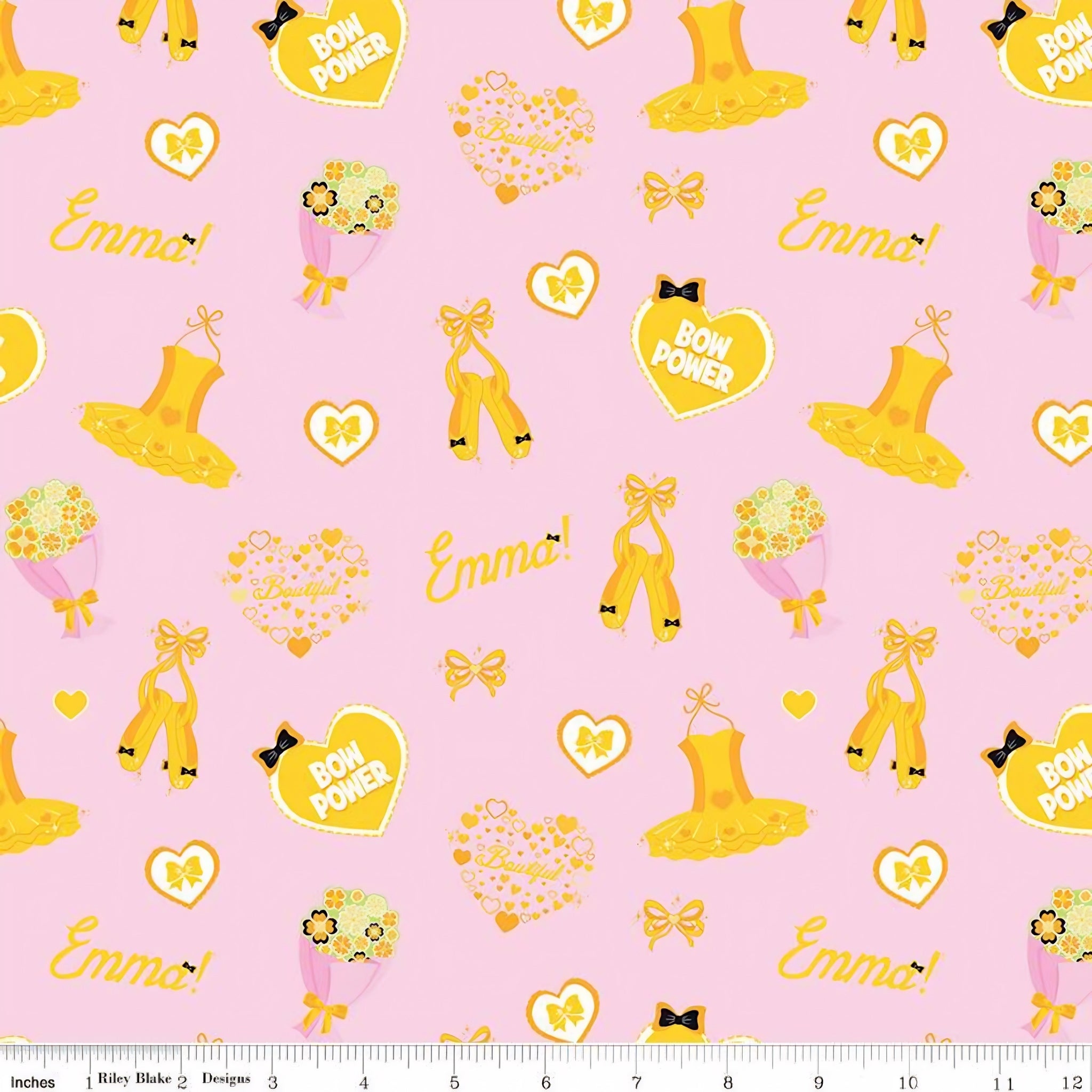 Emma Wiggle ballet icons pink yellow tutus ballet shoes bows Bow Power hearts novelty kids quilting fabric children's quilts dance bags patchwork projects