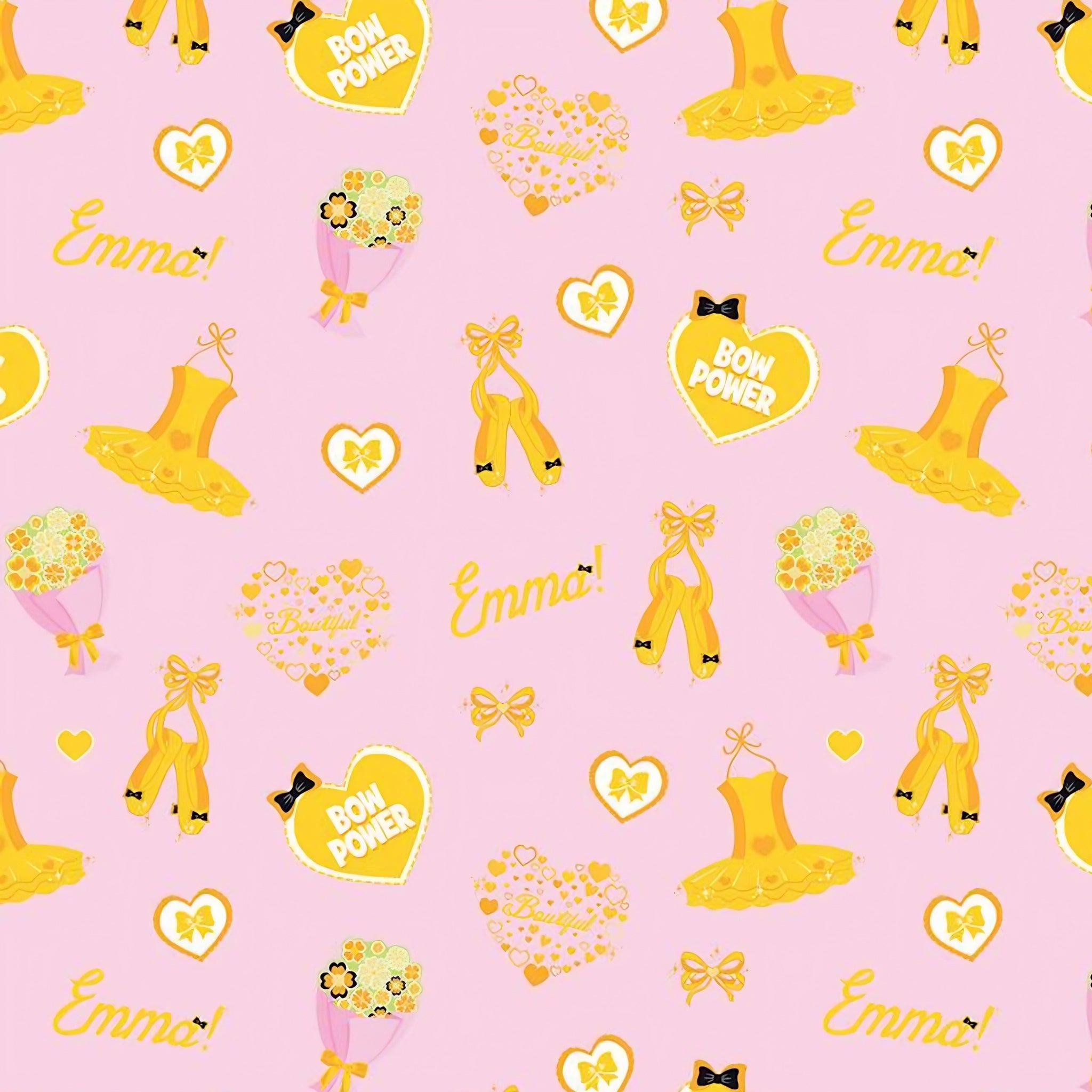 Emma Wiggle ballet icons pink yellow tutus ballet shoes bows Bow Power hearts novelty kids quilting fabric children's quilts dance bags patchwork projects
