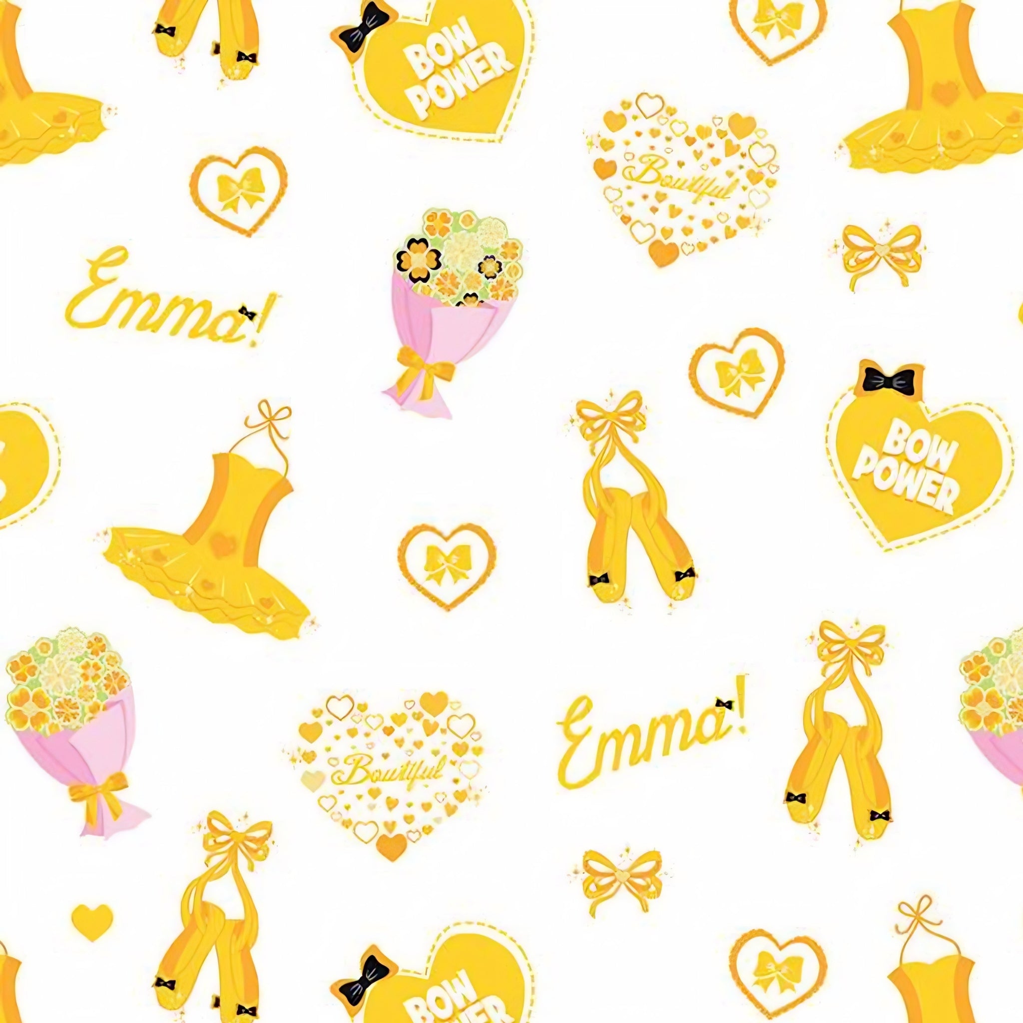 Emma Wiggle ballet icons white yellow tutus ballet shoes bows Bow Power hearts novelty kids quilting fabric children's quilts dance bags patchwork projects