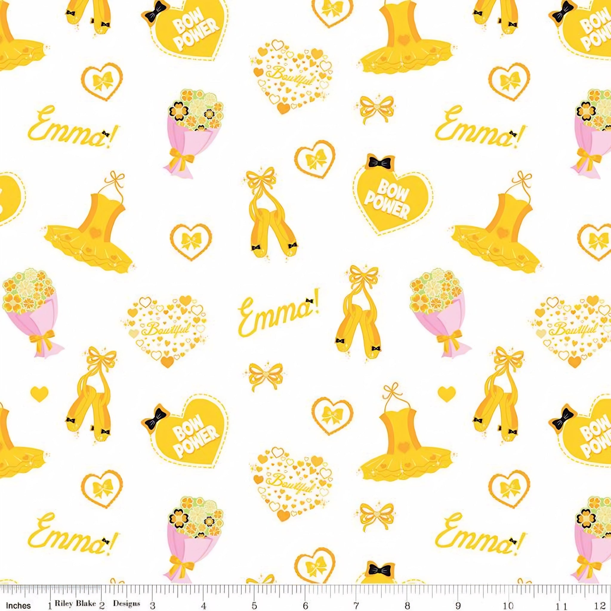 Emma Wiggle ballet icons white yellow tutus ballet shoes bows Bow Power hearts novelty kids quilting fabric children's quilts dance bags patchwork projects